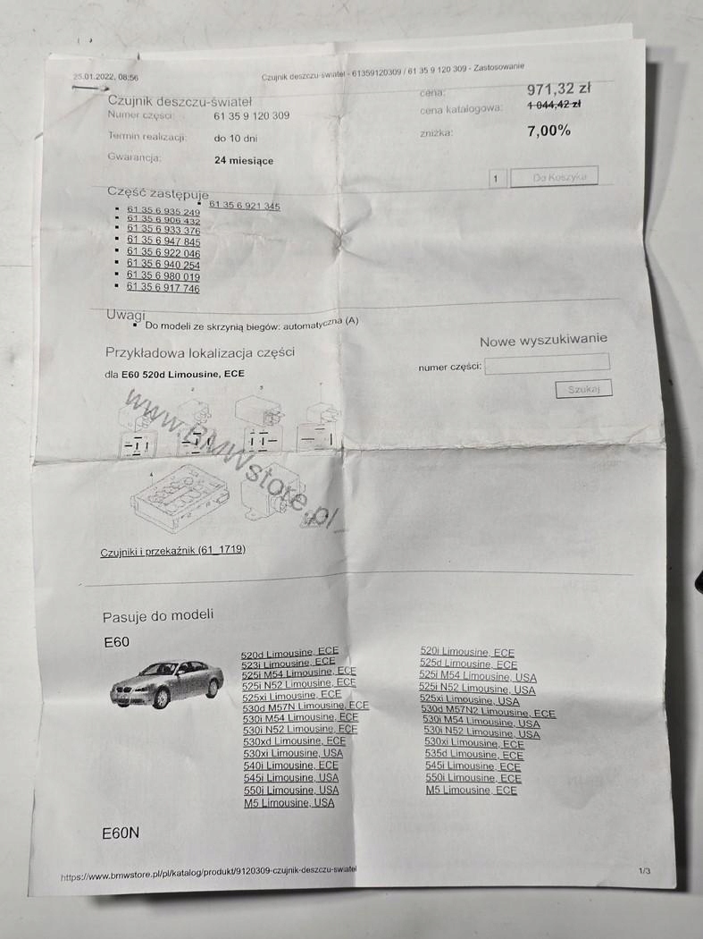 BMW E60 E61 E63 E64 E65 E66 E67 SENSOR DESZCZU 9120309 - obrazek 5